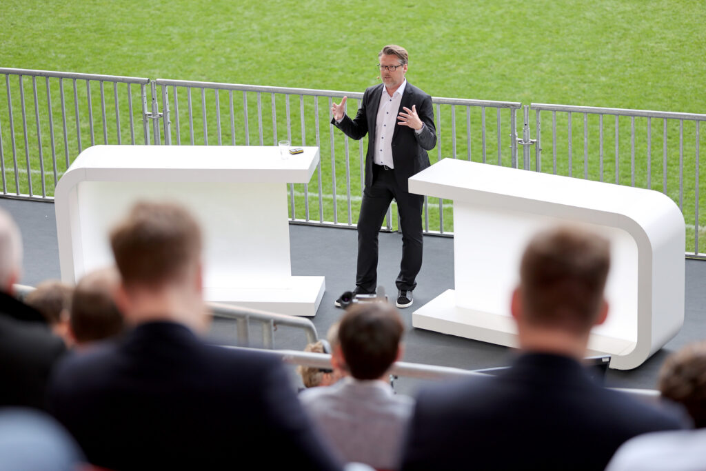 DUESSELDORF, GERMANY - MAY 12: CTO of Los Angeles Rams Skarpi Hedinsson speaks during Day 2 of the Sportsinnovation 2022 at Merkur Spiel-Arena on May 12, 2022 in Duesseldorf, Germany. (Photo by Boris Streubel/Bundesliga/Bundesliga Collection via Getty Images)